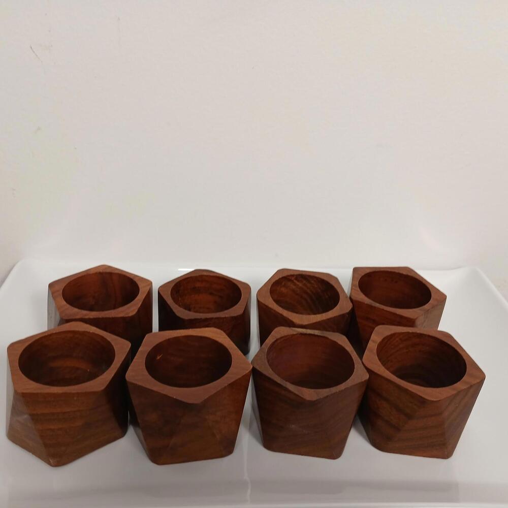 Set of 8 Wooden Napkin Rings Geometric Asymmetrical Mid Century Style 2"